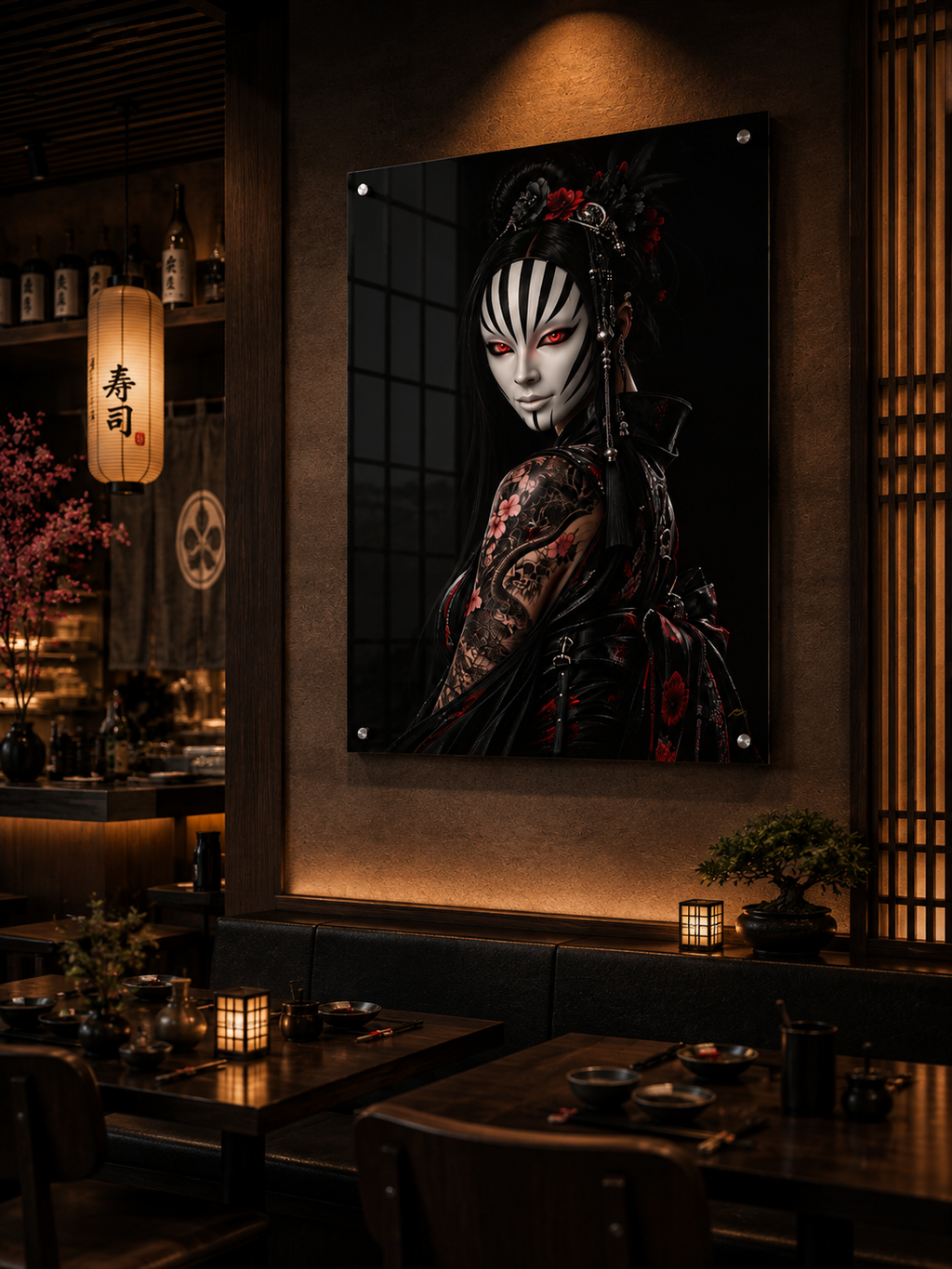 TOKYO GIRLS – Crimson Empress | Premium Acrylic Print | Japanese Gothic Wall Art | Tattoo Geisha Decor | Luxury Anime Wall Art