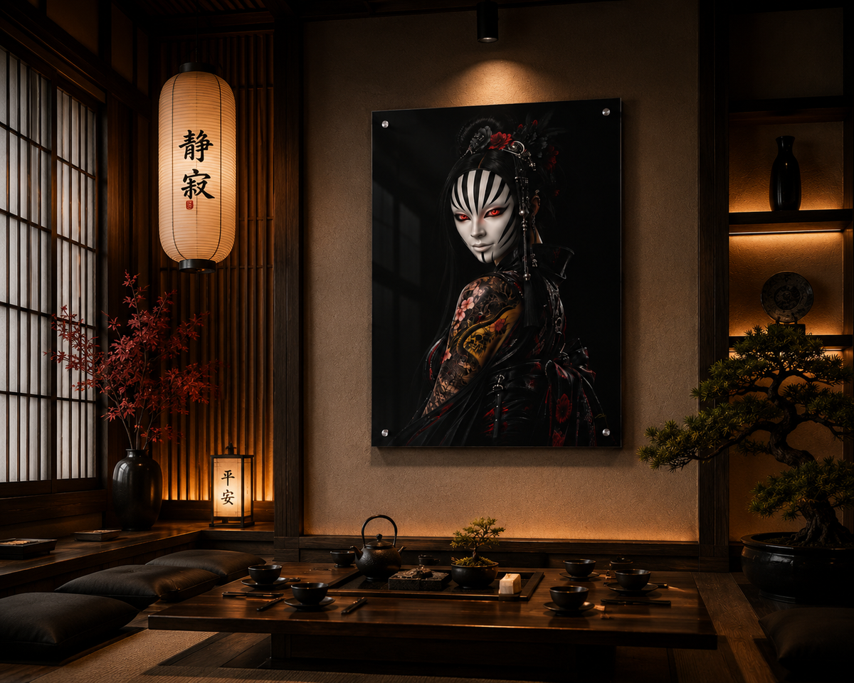 TOKYO GIRLS – Crimson Empress | Premium Acrylic Print | Japanese Gothic Wall Art | Tattoo Geisha Decor | Luxury Anime Wall Art