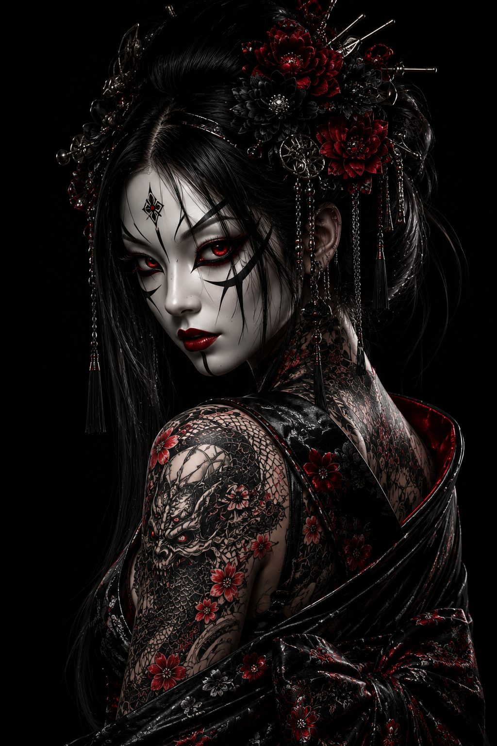 TOKYO GIRLS – Crimson Empress TW| Premium Acrylic Print | Japanese Gothic Wall Art | Tattoo Geisha Decor | Dark Fantasy Anime Artwork