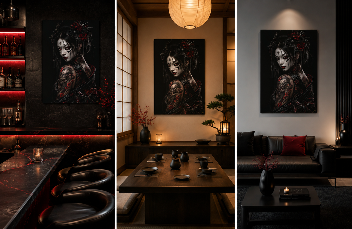 TOKYO GIRLS – Crimson Empress TW| Premium Acrylic Print | Japanese Gothic Wall Art | Tattoo Geisha Decor | Dark Fantasy Anime Artwork