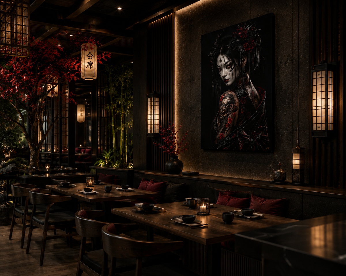 TOKYO GIRLS – Crimson Empress TW| Premium Acrylic Print | Japanese Gothic Wall Art | Tattoo Geisha Decor | Dark Fantasy Anime Artwork
