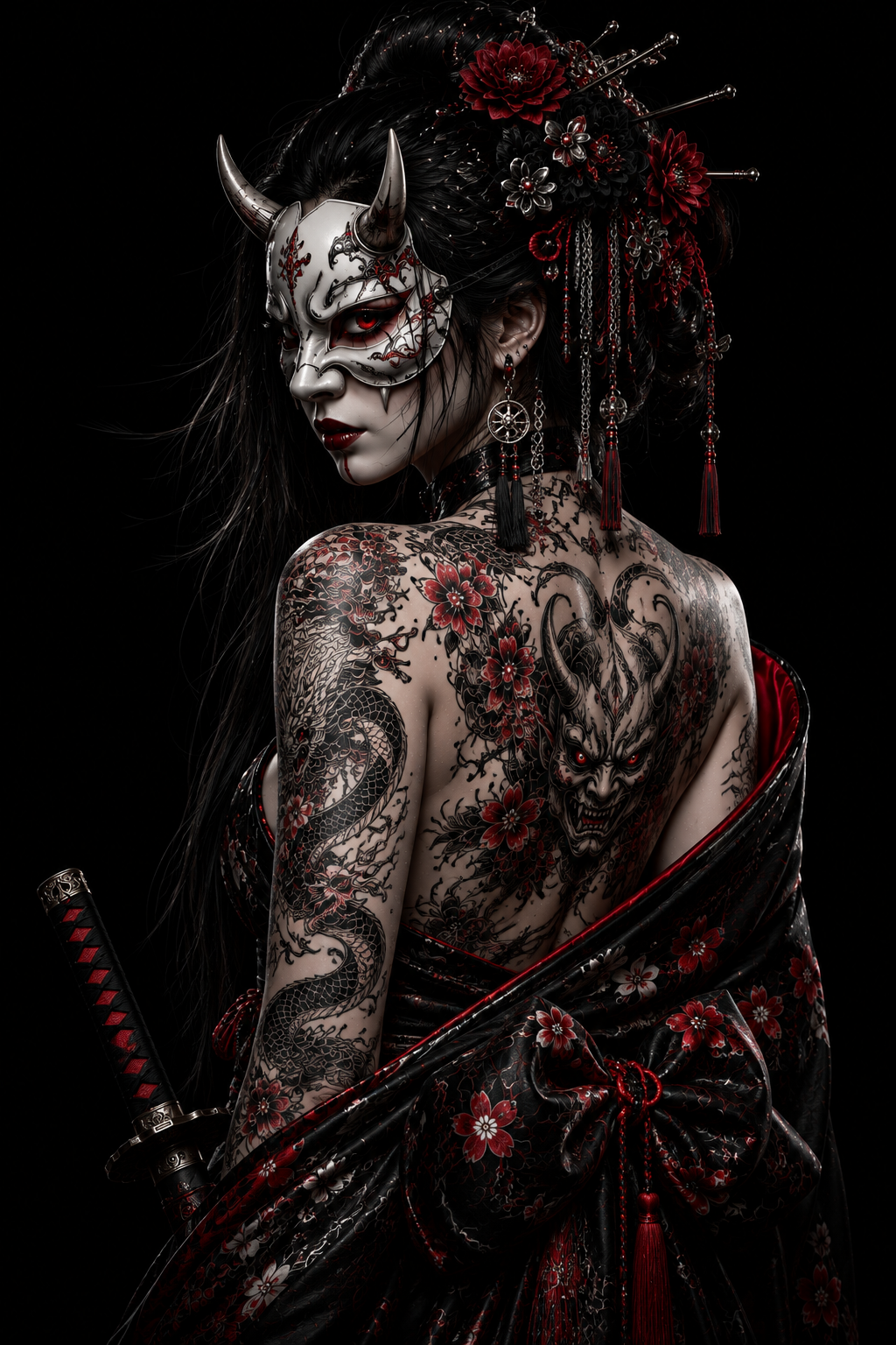 TOKYO GIRLS – Shadow Empress | Premium Acrylic Print | Japanese Gothic Wall Art | Tattoo Geisha Decor | Dark Fantasy Anime Artwork