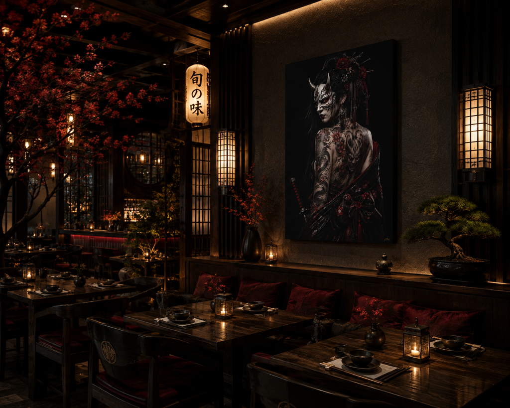 TOKYO GIRLS – Shadow Empress | Premium Acrylic Print | Japanese Gothic Wall Art | Tattoo Geisha Decor | Dark Fantasy Anime Artwork