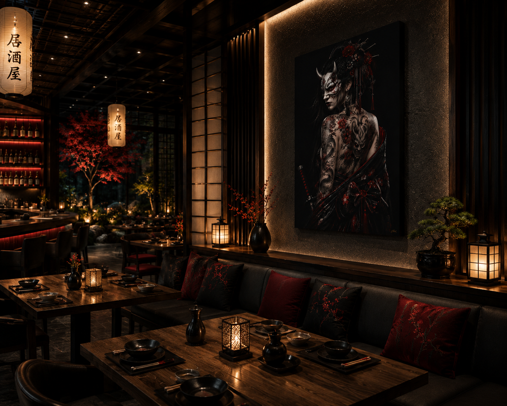 TOKYO GIRLS – Shadow Empress | Premium Acrylic Print | Japanese Gothic Wall Art | Tattoo Geisha Decor | Dark Fantasy Anime Artwork