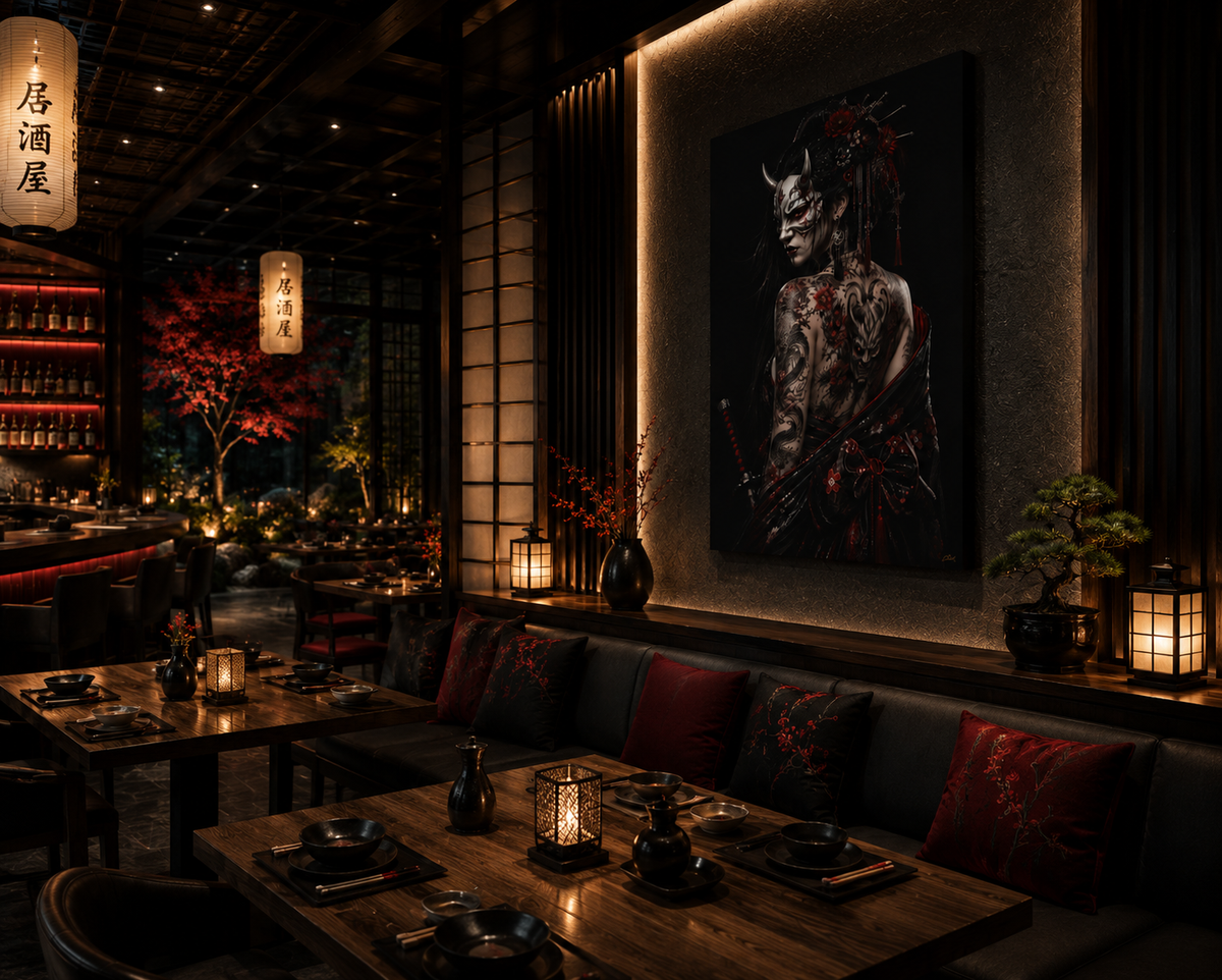 TOKYO GIRLS – Shadow Empress | Premium Acrylic Print | Japanese Gothic Wall Art | Tattoo Geisha Decor | Dark Fantasy Anime Artwork