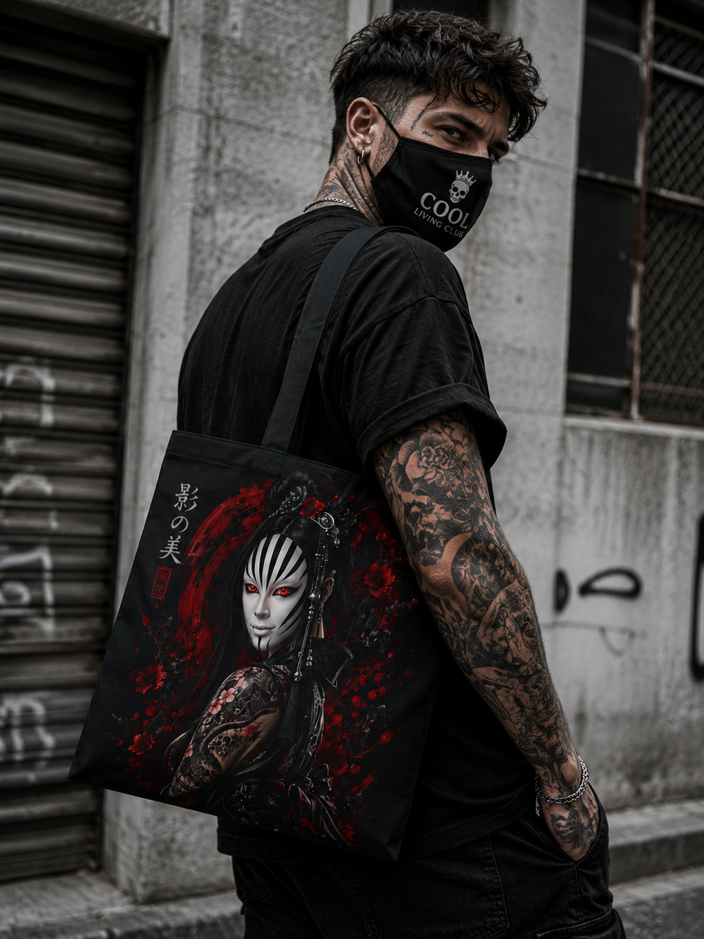 Tokyo Shadows Mask Tote Bag | Japanese Gothic All-Over Print Bag | Premium Streetwear Tote | Cool Living Club