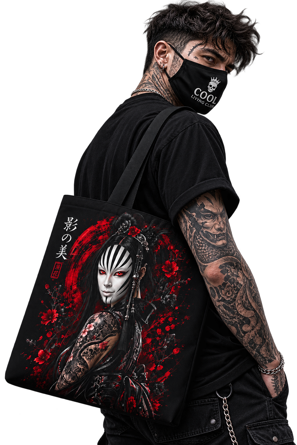 Tokyo Shadows Mask Tote Bag | Japanese Gothic All-Over Print Bag | Premium Streetwear Tote | Cool Living Club