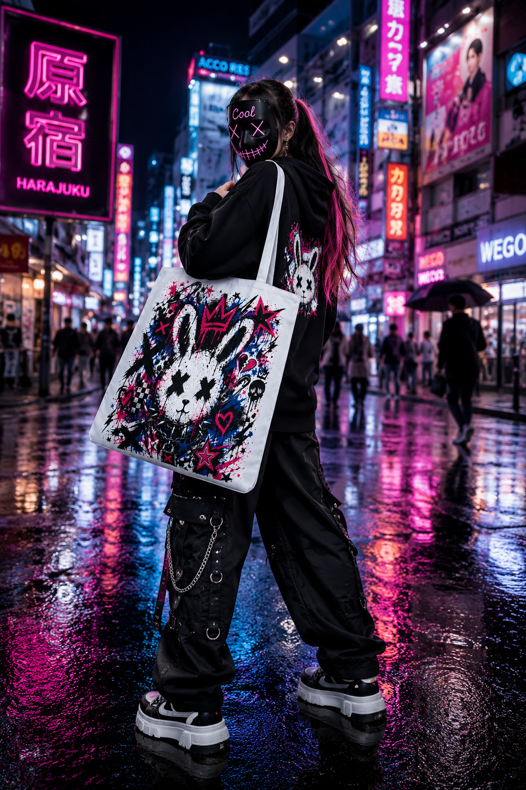 Punk Bunny Tote Bag | Premium Harajuku Streetwear Bag | Graffiti Rabbit Aesthetic | Cool Living Club