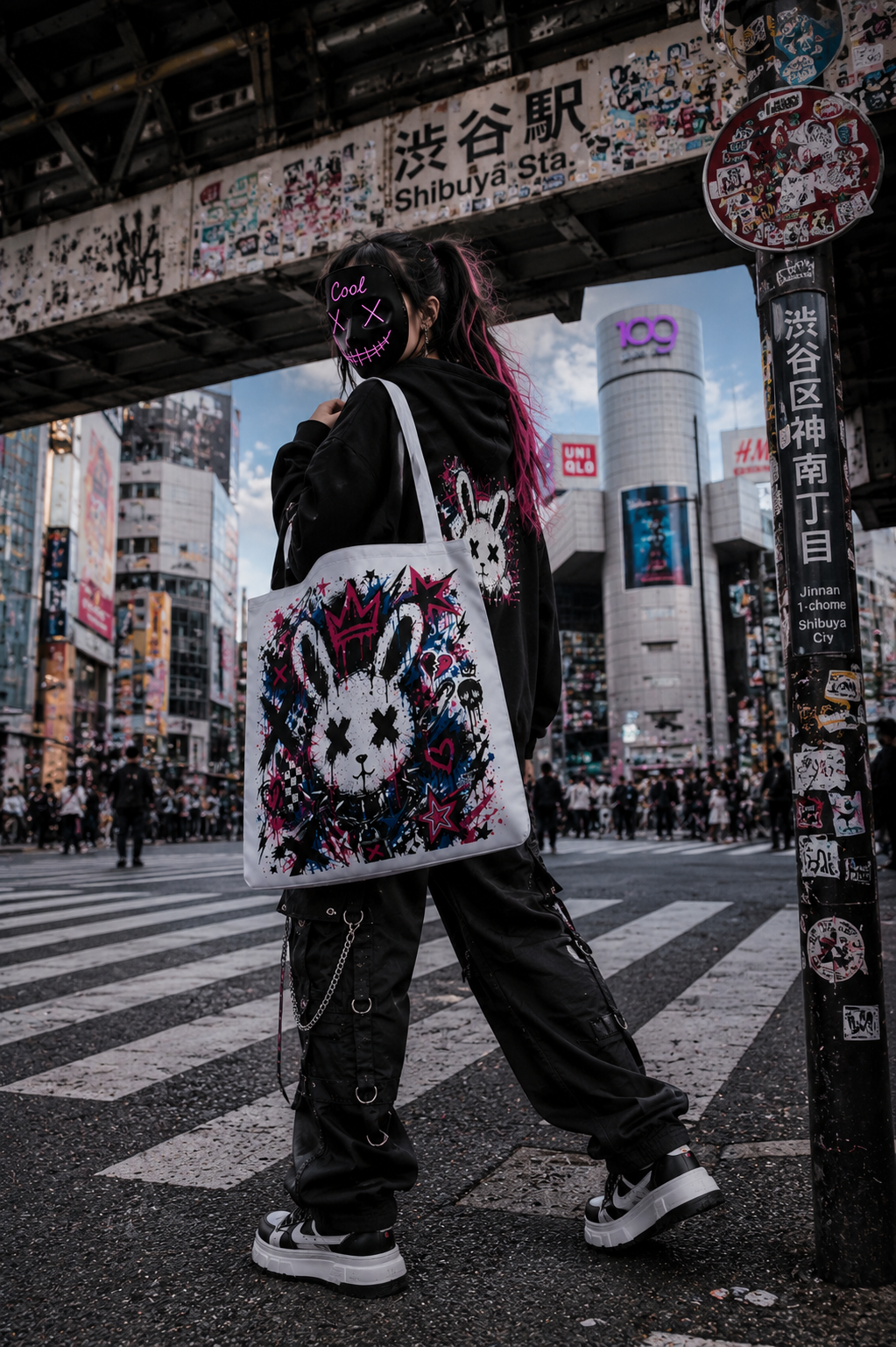 Punk Bunny Tote Bag | Premium Harajuku Streetwear Bag | Graffiti Rabbit Aesthetic | Cool Living Club