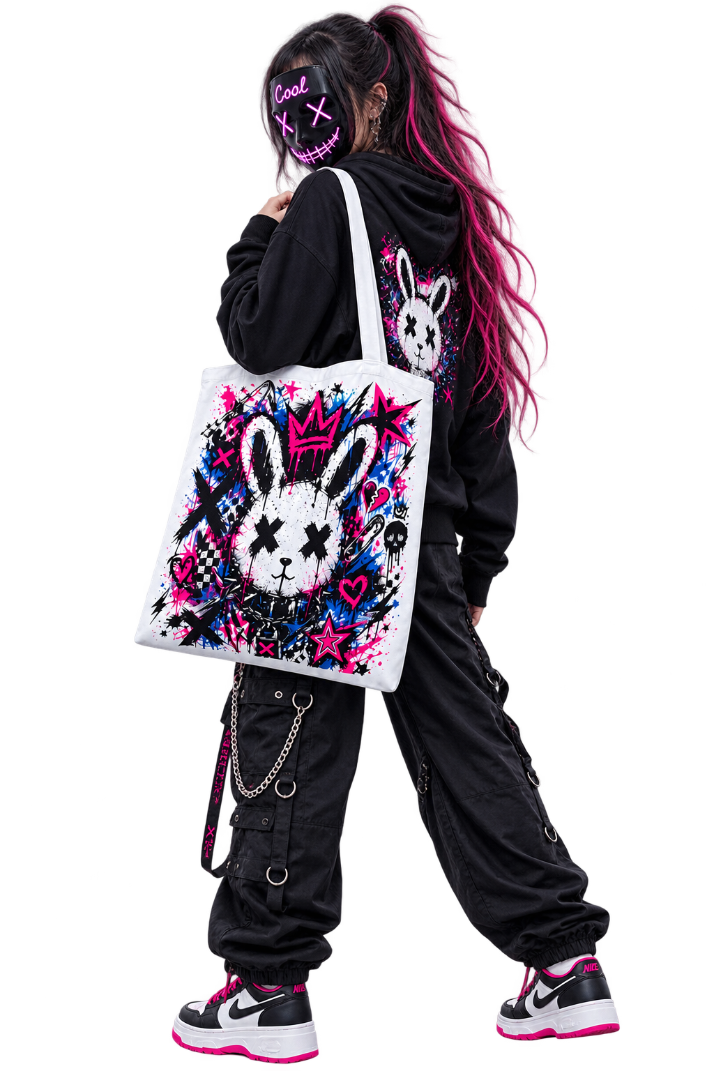 Punk Bunny Tote Bag | Premium Harajuku Streetwear Bag | Graffiti Rabbit Aesthetic | Cool Living Club