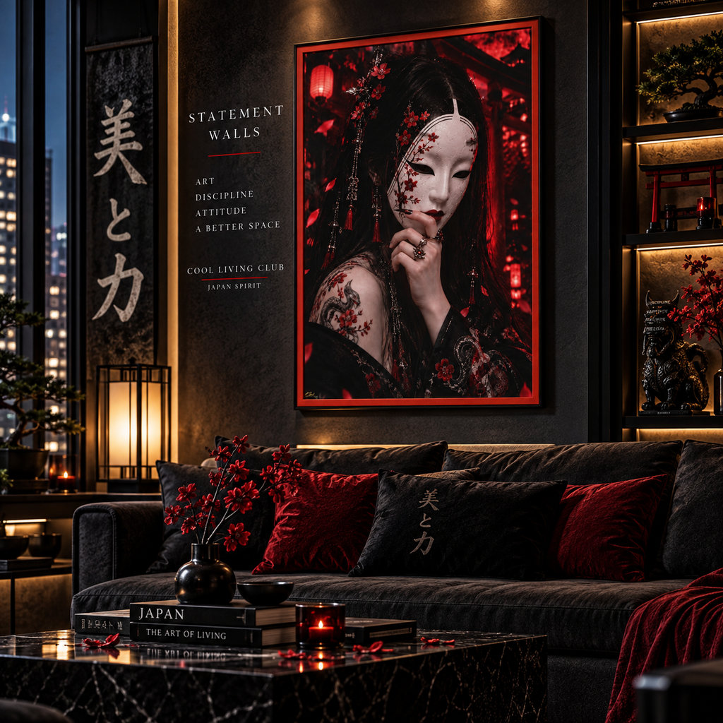 TOKYO GIRLS – Crimson Mask | Premium Framed Japanese Wall Art | Dark Tokyo Decor | Cool Living Club