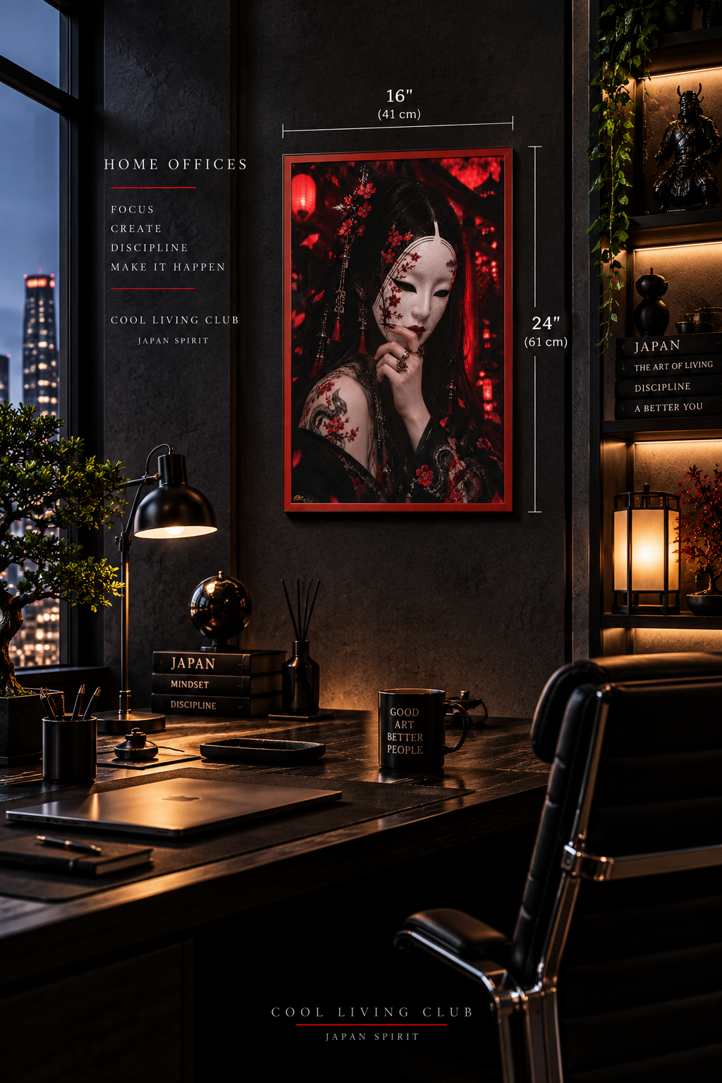 TOKYO GIRLS – Crimson Mask | Premium Framed Japanese Wall Art | Dark Tokyo Decor | Cool Living Club