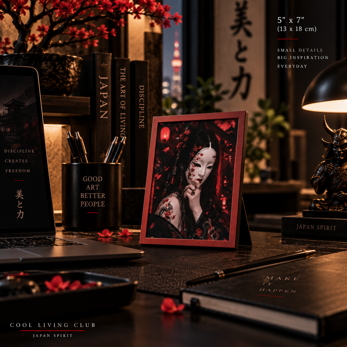 TOKYO GIRLS – Crimson Mask | Premium Framed Japanese Wall Art | Dark Tokyo Decor | Cool Living Club