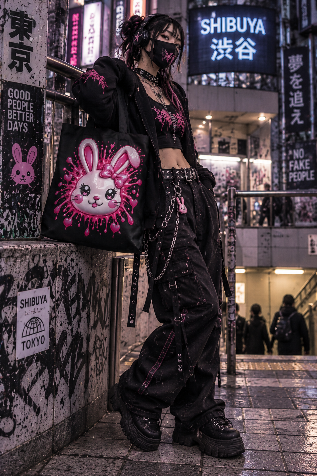 SHIBUYA 3D – Kawaii Pink Bunny Tote Bag | Tokyo Streetwear Japanese Art | Cool Living Club