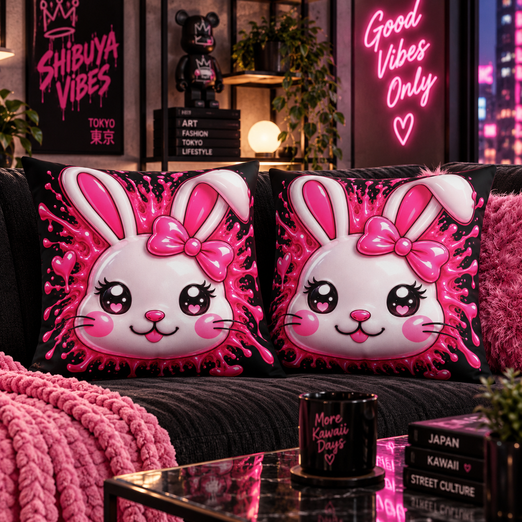 SHIBUYA RABBIT 3D – Kawaii Throw Pillow | Japanese Bunny Cushion | Pink Anime Room Decor | Cute Sofa Pillow | Harajuku Home Decor | Cool Living Club