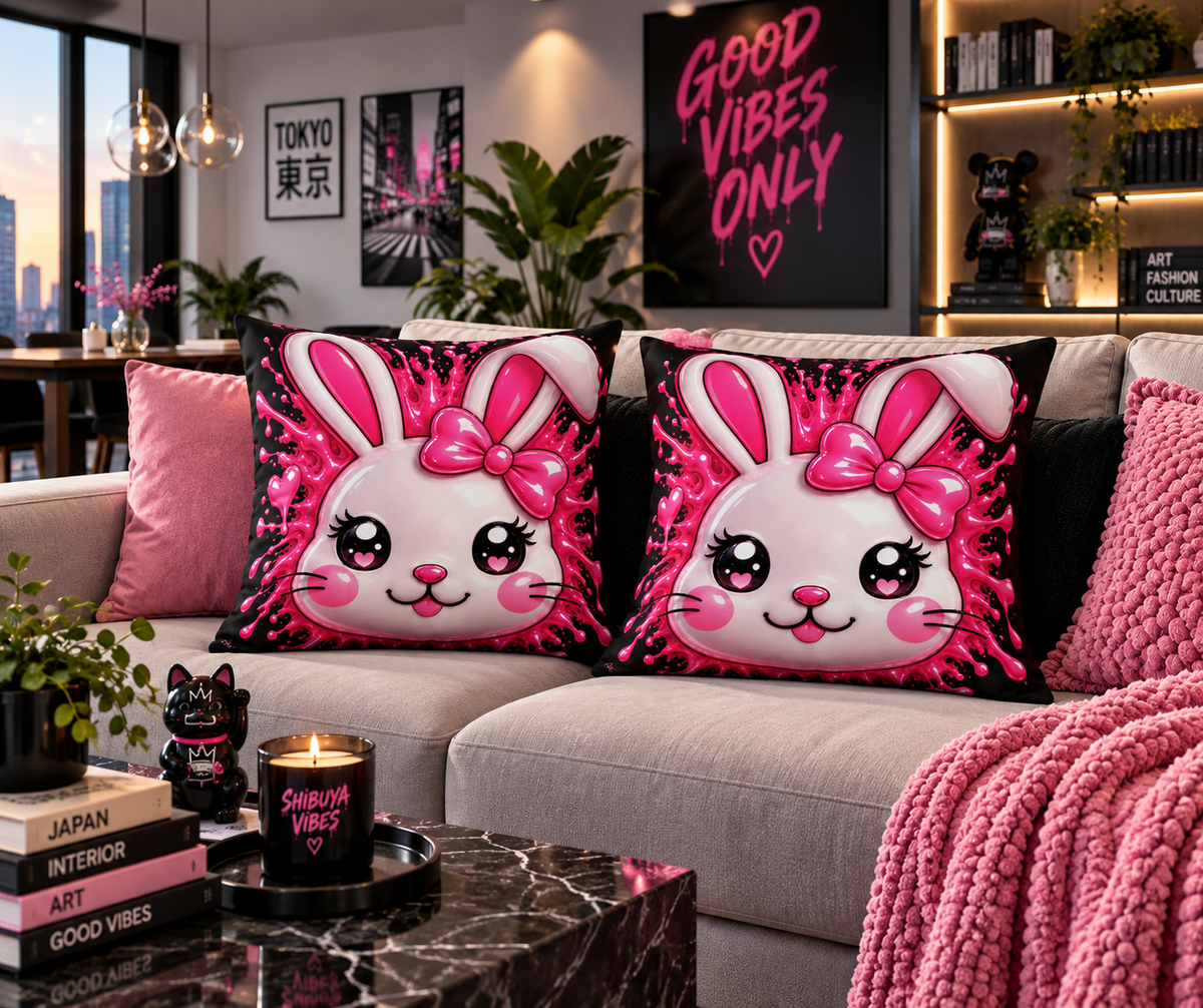 SHIBUYA RABBIT 3D – Kawaii Throw Pillow | Japanese Bunny Cushion | Pink Anime Room Decor | Cute Sofa Pillow | Harajuku Home Decor | Cool Living Club