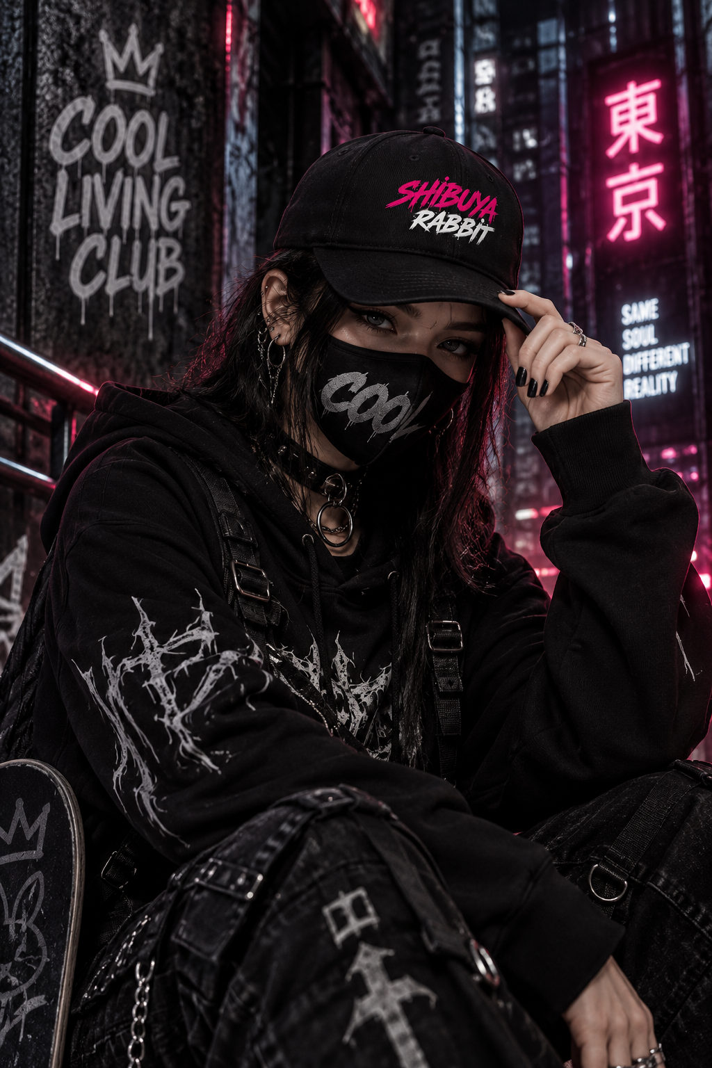 Shibuya Rabbit Cap | Japanese Streetwear Baseball Hat | Cyberpunk Anime Aesthetic | Cool Living Club
