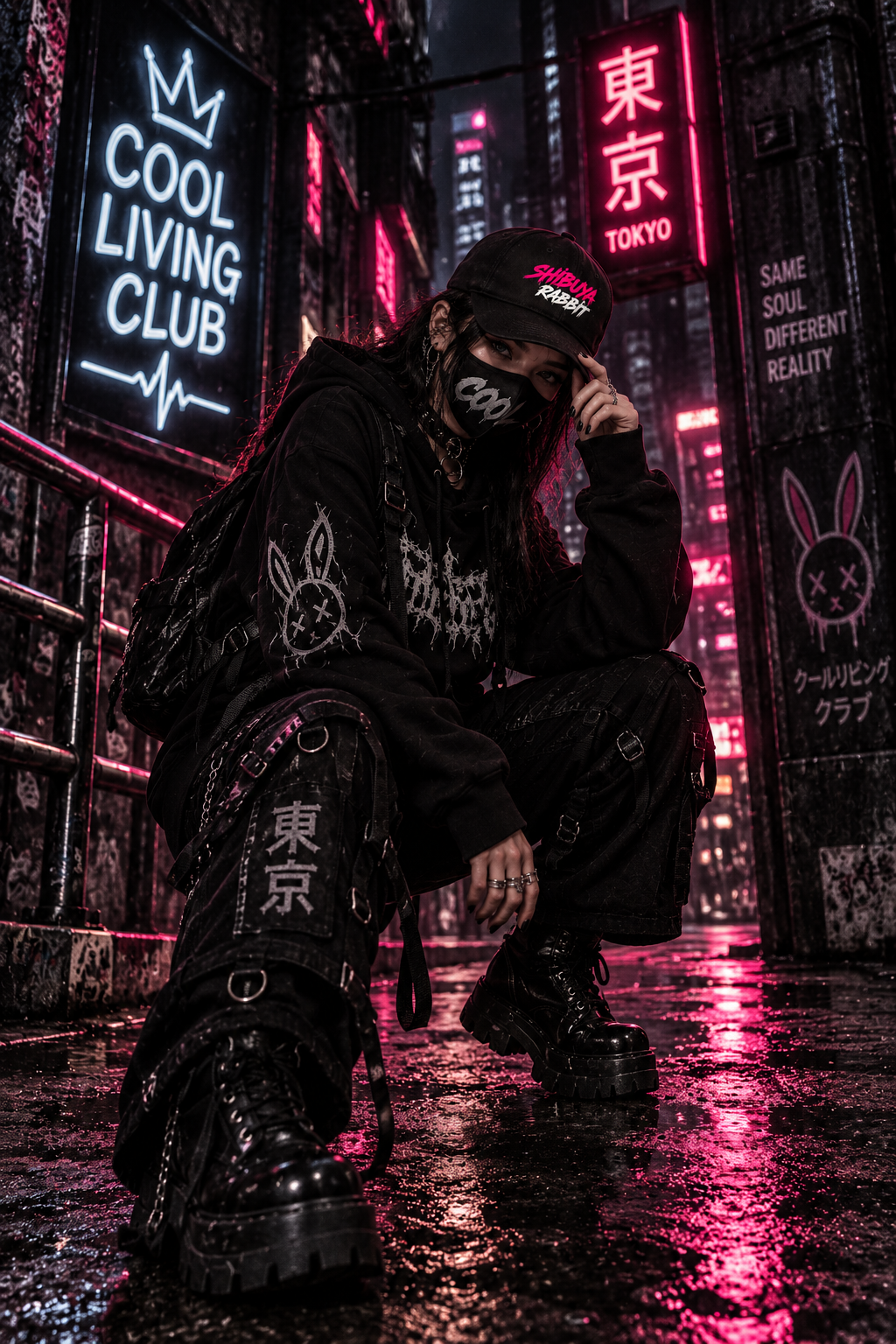 Shibuya Rabbit Cap | Japanese Streetwear Baseball Hat | Cyberpunk Anime Aesthetic | Cool Living Club