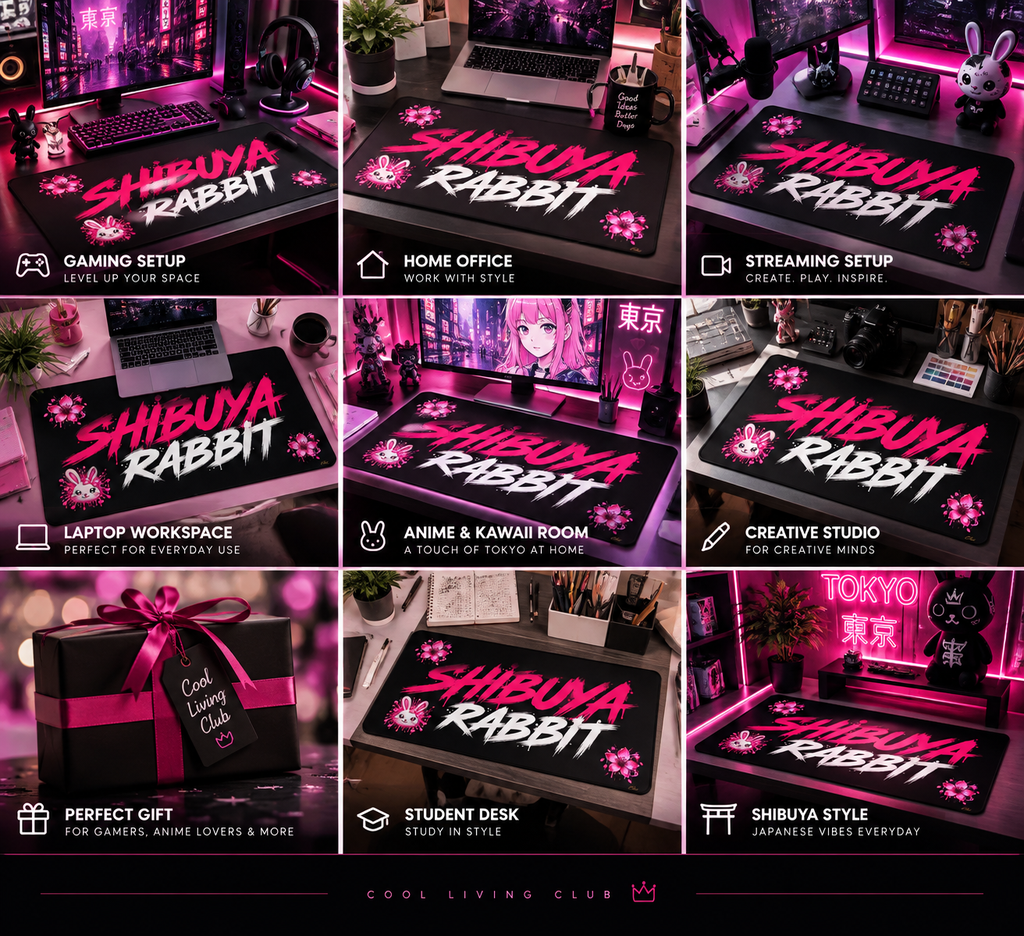 SHIBUYA 3D Mouse Pad – Kawaii Japanese Gaming Desk Mat | Pink Bunny Anime Mouse Pad | Harajuku Desk Setup | Cool Living Club