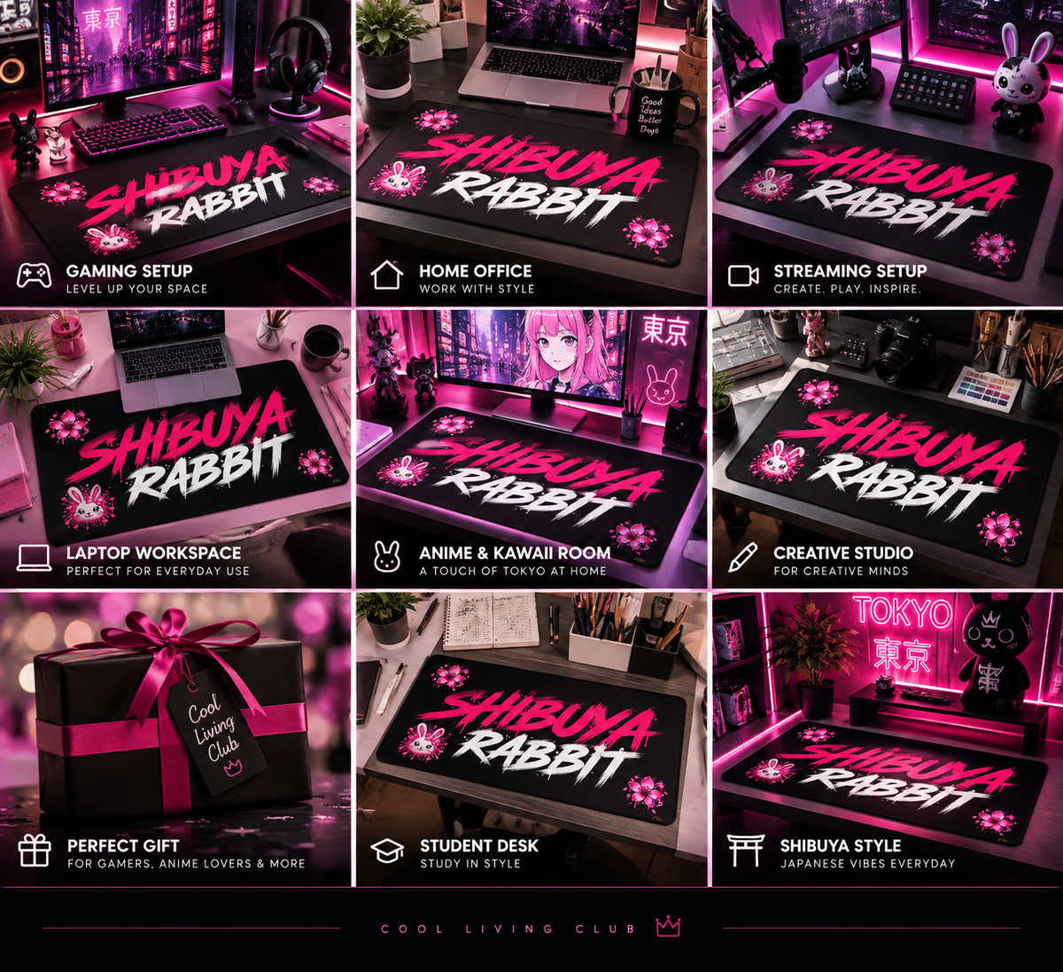 SHIBUYA 3D Mouse Pad – Kawaii Japanese Gaming Desk Mat | Pink Bunny Anime Mouse Pad | Harajuku Desk Setup | Cool Living Club