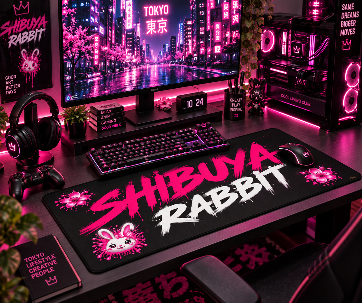 SHIBUYA 3D Mouse Pad – Kawaii Japanese Gaming Desk Mat | Pink Bunny Anime Mouse Pad | Harajuku Desk Setup | Cool Living Club