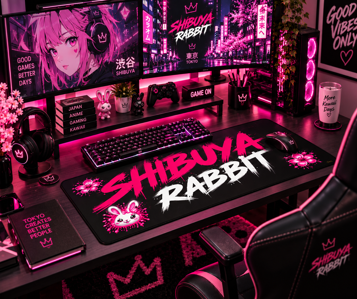 SHIBUYA 3D Mouse Pad – Kawaii Japanese Gaming Desk Mat | Pink Bunny Anime Mouse Pad | Harajuku Desk Setup | Cool Living Club