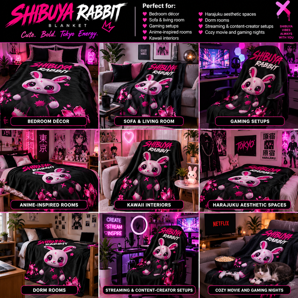 SHIBUYA RABBIT – Kawaii Japanese Plush Blanket | Pink & Black Bunny Throw | Harajuku Anime Bedroom Decor | Tokyo Aesthetic | Cool Living Club