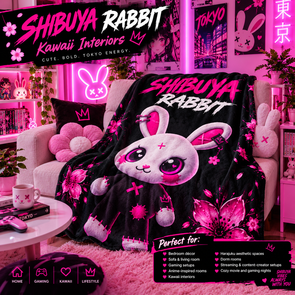 SHIBUYA RABBIT – Kawaii Japanese Plush Blanket | Pink & Black Bunny Throw | Harajuku Anime Bedroom Decor | Tokyo Aesthetic | Cool Living Club