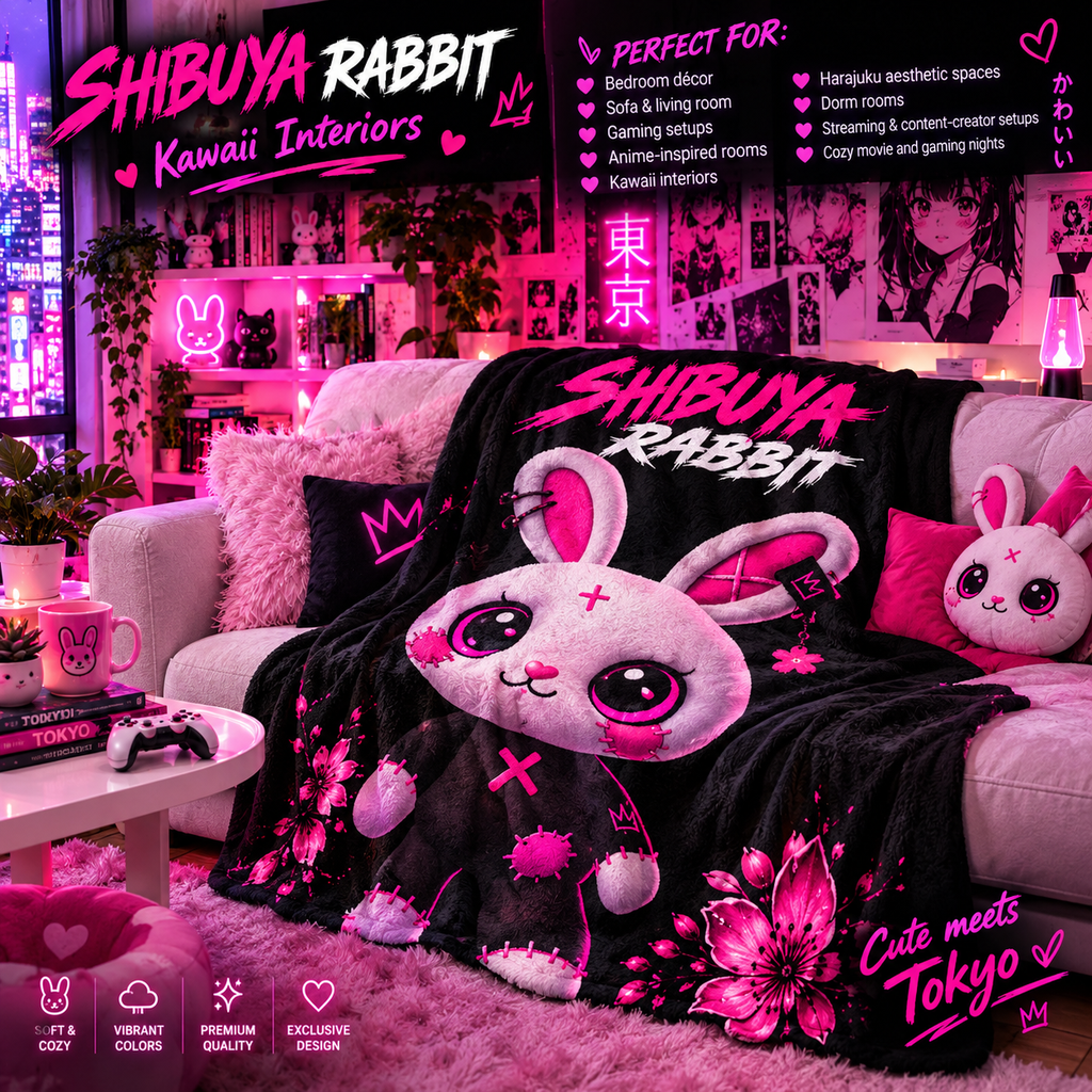 SHIBUYA RABBIT – Kawaii Japanese Plush Blanket | Pink & Black Bunny Throw | Harajuku Anime Bedroom Decor | Tokyo Aesthetic | Cool Living Club