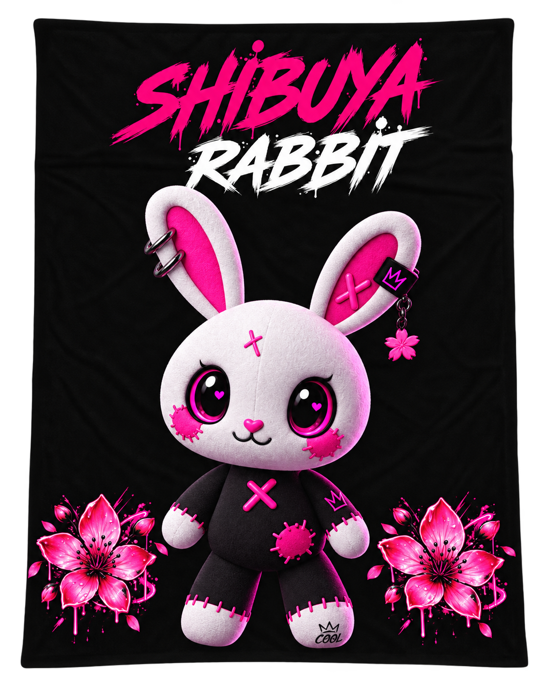 SHIBUYA RABBIT – Kawaii Japanese Plush Blanket | Pink & Black Bunny Throw | Harajuku Anime Bedroom Decor | Tokyo Aesthetic | Cool Living Club