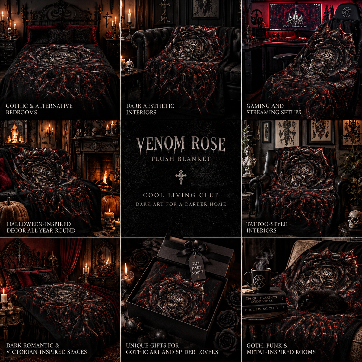 VENOM ROSE – Gothic Skull & Tarantula Plush Blanket | Black Rose Spider Throw | Dark Gothic Bedroom Decor | Cool Living Club