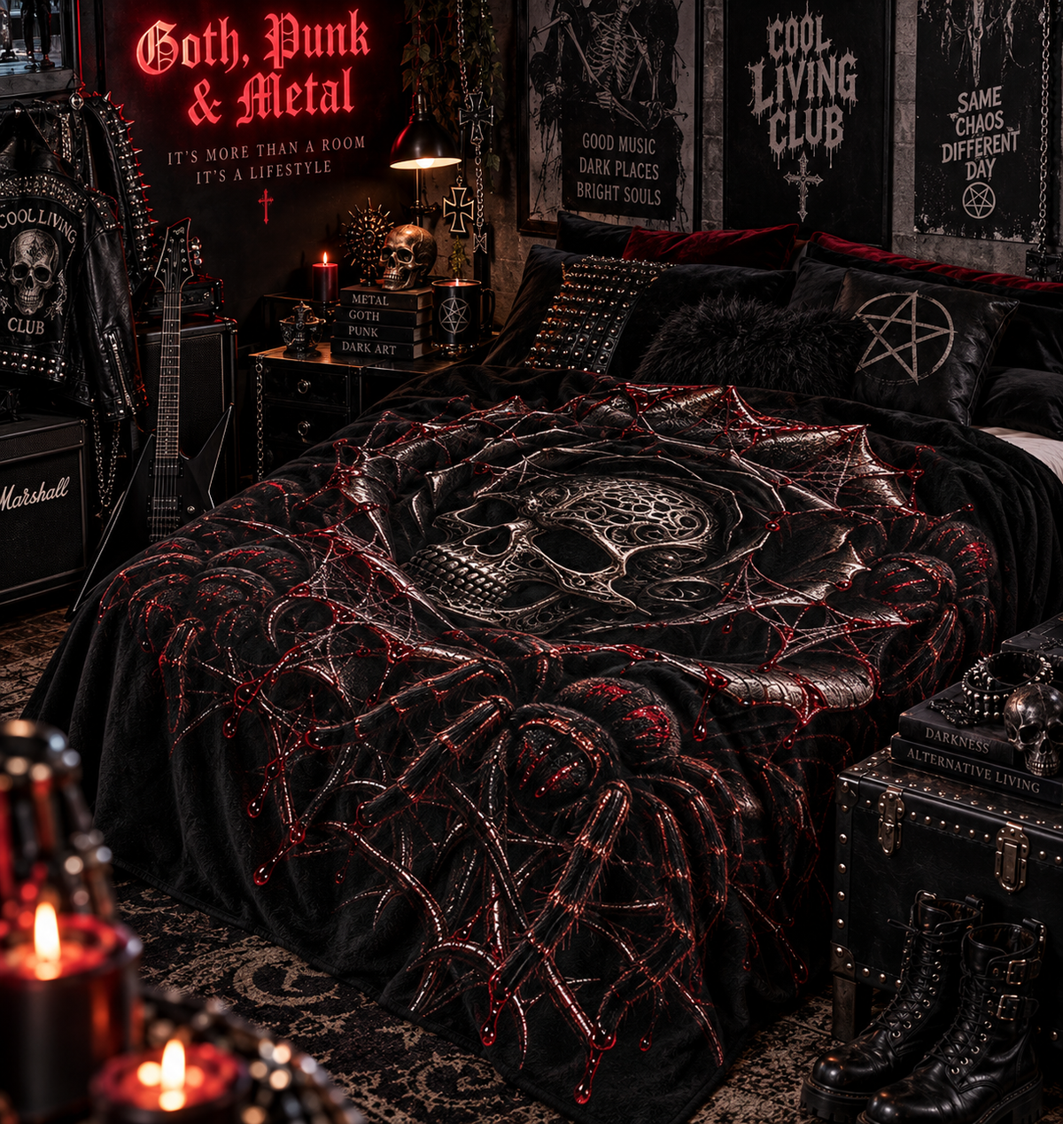 VENOM ROSE – Gothic Skull & Tarantula Plush Blanket | Black Rose Spider Throw | Dark Gothic Bedroom Decor | Cool Living Club